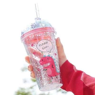 Cartoon dinosaur double plastic water cup large capacity with a straw small fresh web celebrity student sequins star lovely
