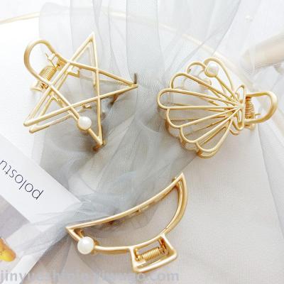 High-Profile Figure Ins Minimalist Style Metal Grip Pearl Barrettes Large Bath Hair Claws European and American Retro Hair Accessories