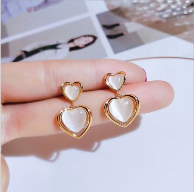 925 Silver Needle Opal heart Earring female Korean temperament High Sense French Web celebrity earring female