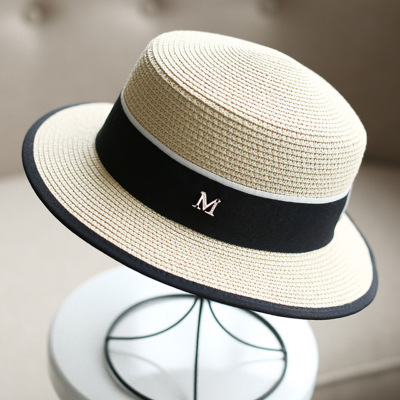 British White Women's Straw Hat M Standard Billycock Sun Hat Flat Top Women's Hat Covered Edge Summer Flat Brim Shopping