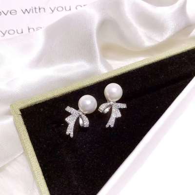 S925 Whole Body Silver Frosty Style Stud Earrings Female Simple and Compact High-Grade Bow Fashion Shell Pearls Eardrop Jewelry