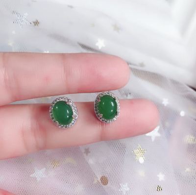 925 Silver Earrings Natural Green Chalcedony round Studs Mid-Autumn Festival Gift Mom Earrings