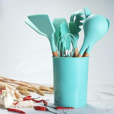 Kitchen utensils gift set wooden handle silicone shovel spatula 12 pieces set with color storage holder