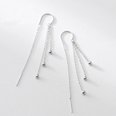 925 Silver Earrings Hanging Earrings Female Korean All-Match Earrings Hook round Beads Hanging Earrings Cute Handmade Silver Long Temperament