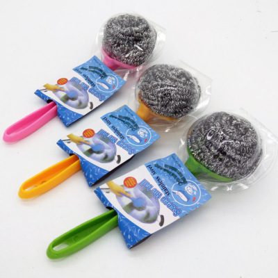 D1512 Steel Wire Ball Scrubbing Wok Brush Cleaning with Handle Wire Brush Two Yuan Wholesale Department Store Wholesale