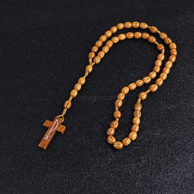 Religious Christian Jesus Wooden Bead Rosary Necklace