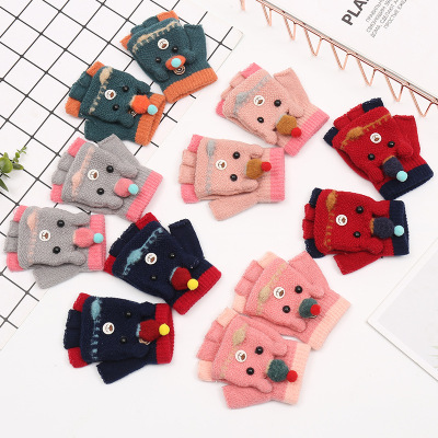 2019 Cute little Bear student gloves flip half fingertip children's gloves fall and winter Frost proof warm children's hands