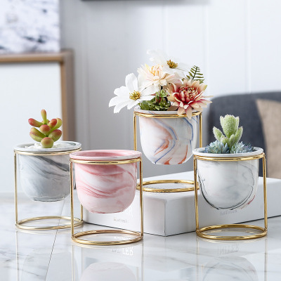 Nordic Creative Succulent Flower Pot Marbling Gold Iron Frame Ceramic Flower Pot Ins Home Decorative Flower Pot Wholesale
