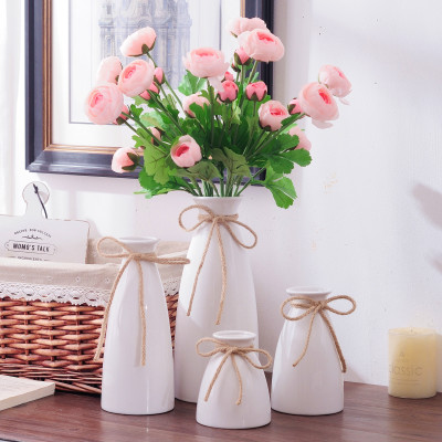 Simple Modern White Ceramic Vase Three-Piece Set Artistic Fresh Phalaenopsis Water Storage Hemp Rope Flower Decoration