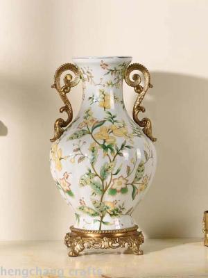 American-Style Ceramic Decorative Vase Decoration Flower Arrangement Creative European-Style Ceramic with Copper Living Room Entrance Home Desktop Flower Device