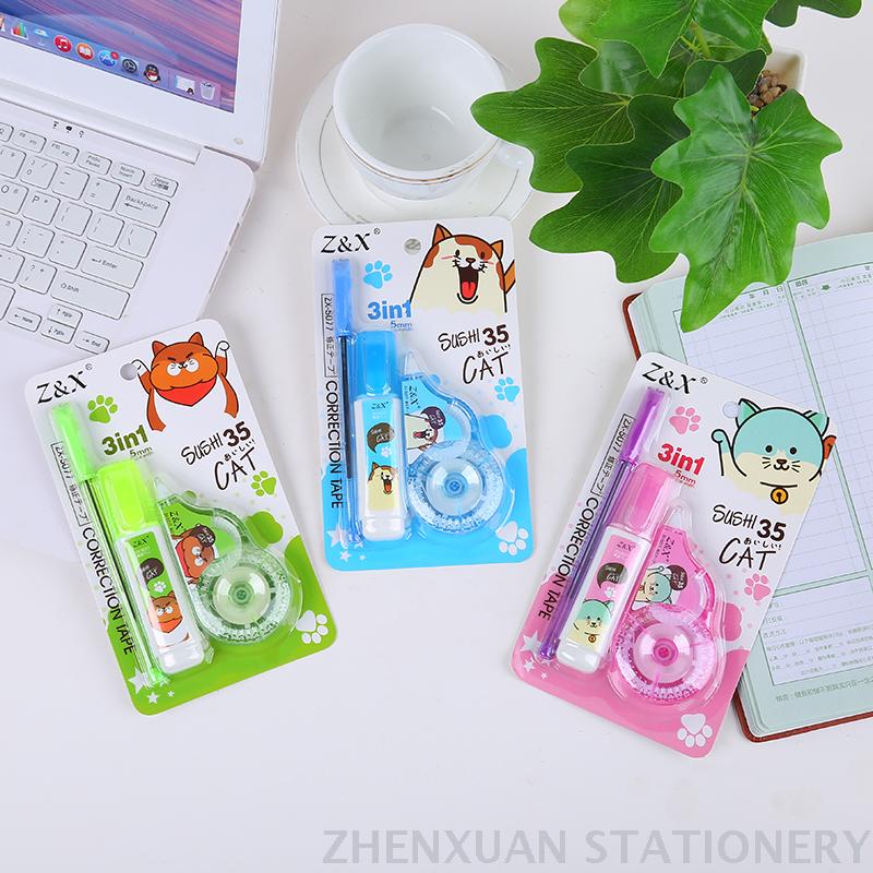可爱卡通3合一修正带修正液圆珠笔套装 学习文具修改带改正纠正带