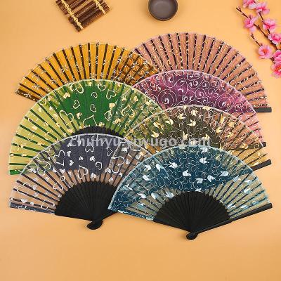 Erqing bamboo fan gold powder and goldwater fan folding silk cloth fan wholesale gifts female fan manufacturers direct