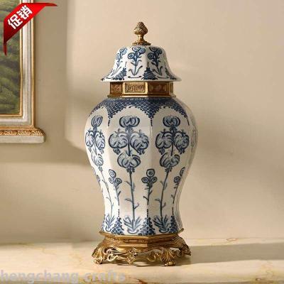European-Style Copper with Porcelain Artwork Temple Jar Ceramic Furnishings American Living Room Entrance Home Blue and White Porcelain Ornaments