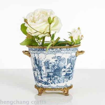 European American Chinese Style Retro Ornaments Ceramic with Copper Flower Pot Floral Flowerpot and Flower Vase Living Room Crafts Furnishings