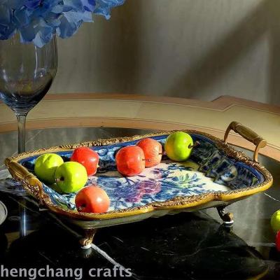 Creative decoration living room blue and white porcelain inlaid with copper high grade fruit plate home decoration