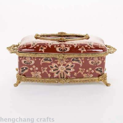 American style copper with ceramic high-grade palace tissue box, soft decoration, swing drawer