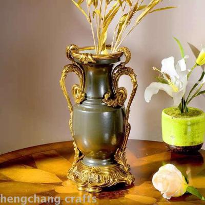 American style retro and nostalgic porcelain and copper decorative flower vase with two ears