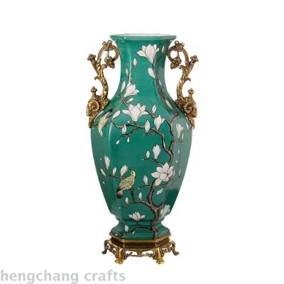 European vases, ornaments, flowers in living room, high-grade decorative ceramics with copper