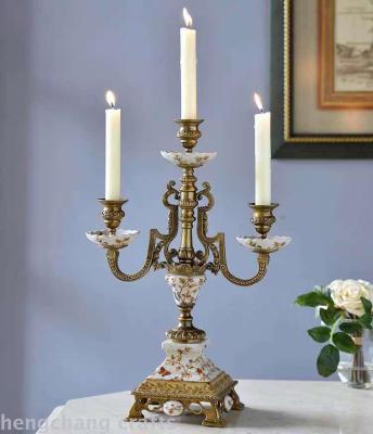 European-Style Luxury Soft Decoration Home Model Room Decoration Luxury Nostalgic Ceramic with Copper 3-Head Candlestick Creative Decoration