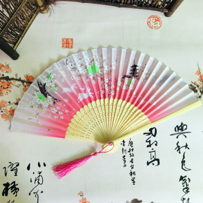 Chinese style Japanese Peach blossom folding fan Classical dance Qipao fan Pink girl Peach blossom fan ancient costume plum blossom fan
