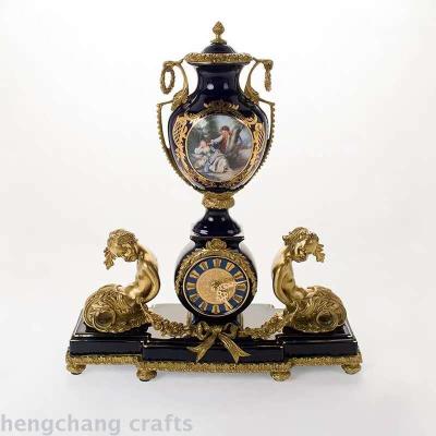 Ceramic Inlaid Copper Desktop Clock Vintage Nostalgic Hand-Painted Porcelain Copper-Clad Porcelain Hallway Fireplace Luxury Crafts