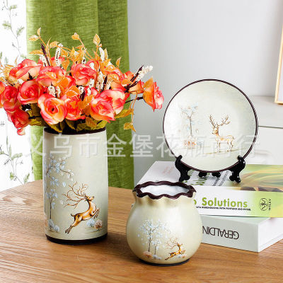 Creative Home European-Style Handmade Ceramic Vase Flower Arrangement Three-Piece Set Hallway TV Cabinet Decorative Crafts
