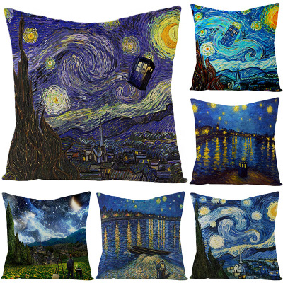 Scandinavian Simple Wind linen Pillow Case Custom van Gogh oil painting Watercolor Printing Pillow Case Amazon Hot Style Home