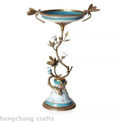 European Creative High Temperature Ceramic Inlaid Copper Tall Fruit Bowl New Classical Villa Home Jewelry Decoration Furnishings