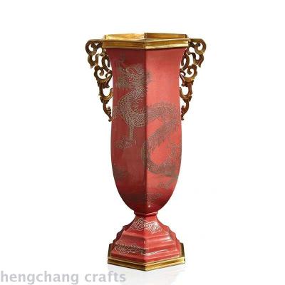 European American Style Luxury Dragon Totem Ceramic with Copper Binaural Vase Ceramic Inlaid Copper Soft Decoration Home Flower Arrangement Decoration
