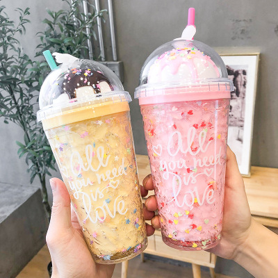 Tiktok Korean Ice Cream Ice Cup Summer Cup with Straw Plastic Internet Celebrity Water Cup Female Cute Double Layer Student Cup