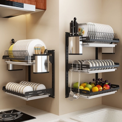 Non - punch kitchen rack, black stainless steel knife chopsticks always rack Non - nail drying rack for hanging dishes