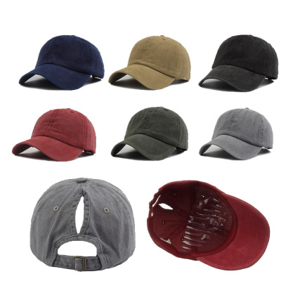 Foreign Trade Hat Female Summer Washed Ponytail Baseball Cap Spring and Autumn Distressed Outdoor Sun Hat Solid Color Peaked Cap Custom