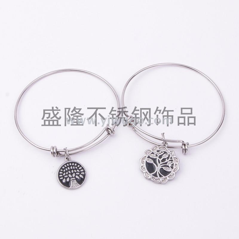 不锈钢跨境热销带新款生命树挂件手镯推拉调节钛钢手镯厂家直销