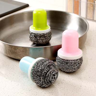 0642 with Handle Steel Wire Ball Brush Washing Pot Cleaning Brush Strong Decontamination Does Not Hurt Hands Wok Brush Kitchen Brush Not Contaminated with Oil