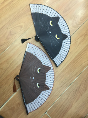 Fan Wholesale 16 Years New Special Offer Paint Handle Silk Creative Hand-Painted Cat Japanese Girl Folding Fan