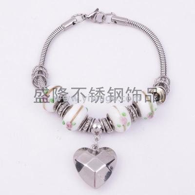 T Family Heart-Shaped Oil Drop Pendant Bracelet Women's Japanese and Korean Simple Bracelet Di Family Peach Heart Stainless Steel Beaded Bracelet Trend