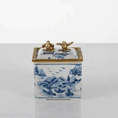 Modern Chinese Style Retro Vintage Blue and White Decorative Small Square Box Nostalgic Living Room Coffee Table Desktop Ceramic Inlaid Copper Ornaments