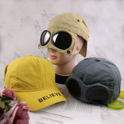 Internet Celebrity Pilot Hat Hip-Hop Street Reverse Cap Letter Embroidery Baseball Cap Children Pilot Hat with Glasses