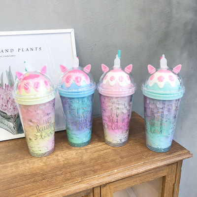 Manufacturers direct Korean version of cute cat Claw Ice Cup gradient double straw Water Cup summer large capacity crushed Ice Cup