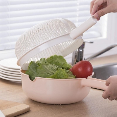 H02-3565 Nordic Double Rounds Handle Drain Basket Fruit Plate Student Small Double-Layer Vegetable Washing Basket Kitchen Household