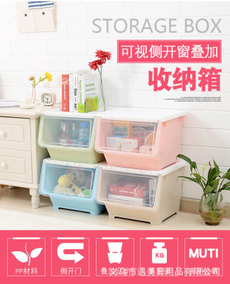 Large Plastic Kitchen Oblique Flip Storage Box Japanese Colorful Snacks Sundries Stacked Side Open Storage Box Wholesale