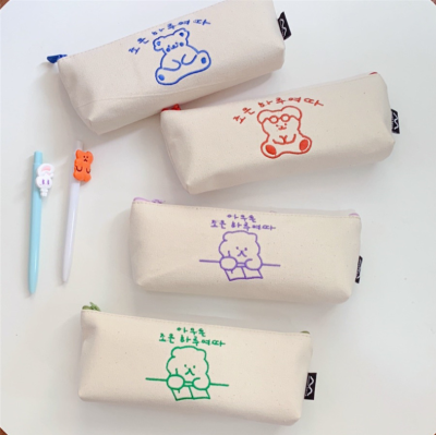 Canvas pencil bag Simple pencil bag Korean student pencil bag Student storage bag embroidered bear stationery bag