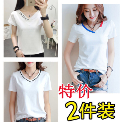 Hot style summer wear t-shirts v-neck white short-sleeved t-shirts simple slim Korean version of the solid-color  women