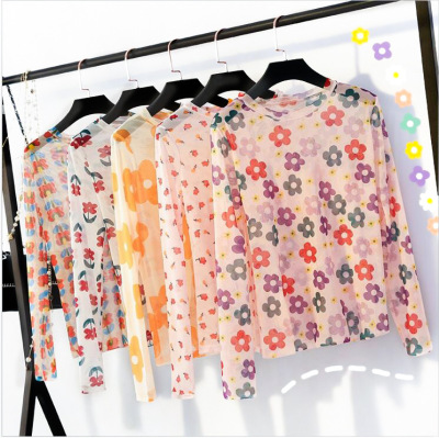 New Korean Ins Elegant Floral Mesh T-shirt Bottoming Shirt Women's Spring and Summer Interior Jacket Sun-Proof Clothing Fashion