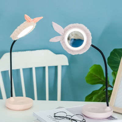 Learning Table Lamp Girl Heart Fluffy Rabbit Hair Ring Cosmetic Mirror Led Charging Touch Dimming Bedroom Bedside Small Night Lamp