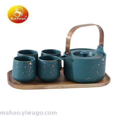 Ceramic tea set 1 pot 4 cups with wooden chassis