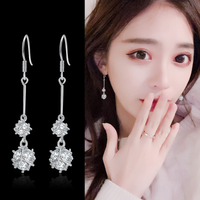 Sterling Silver Earrings Women's Elegant Korean-Style Long Personality Wild Earrings Pendant Simple Fashion Zircon Earrings Anti-Allergy