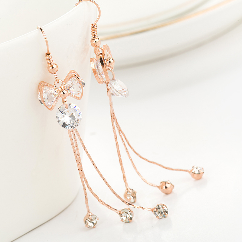 气质长款耳钉领结银针锆石流苏耳环防过敏耳饰耳坠厂家直销批发