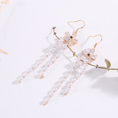 Gold-Plated Tassel Earrings Fashion Pearl Long Ear Lines Dignified Flowers All-Match Earrings Korean Style Popular Women's