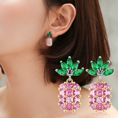 Fresh Fruit Pineapple Stud Earrings Sweet Personality Cute 925 Silver Stud Earrings Korean Fashion Earrings Necklace Pink